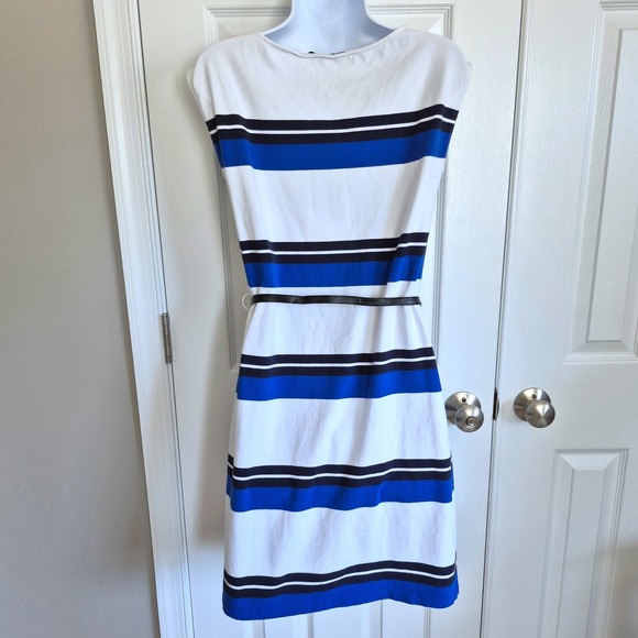 Tommy Hilfiger white blue black stripe dress with faux leather belt womens XS - Picture 7 of 10